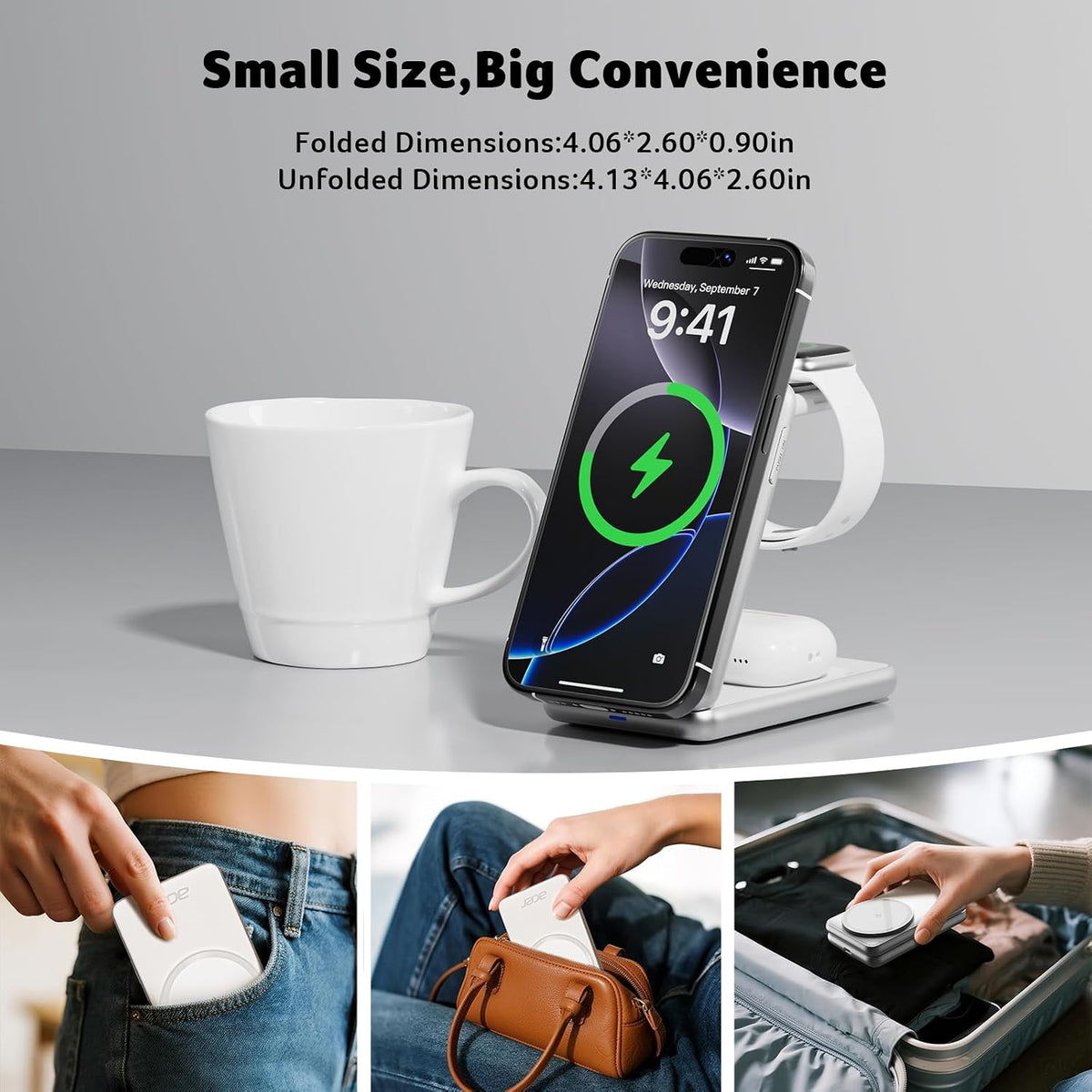 3 in 1 Charging Station for Apple Device, Magnetic Palm-Sized Foldable Fast Charger Stand Compatible with MagSafe for iPhone 17, Apple Watch & AirPods, Foldable Charging Dock for Desk S3