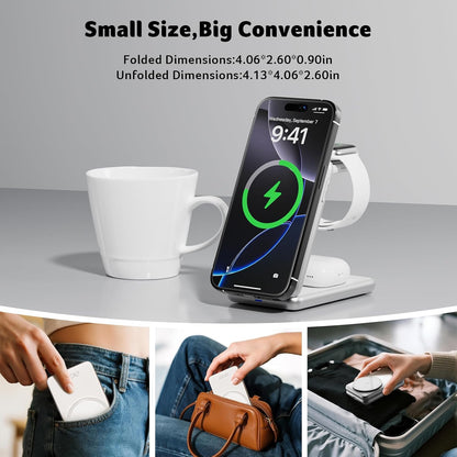 3 in 1 Charging Station for Apple Device, Magnetic Palm-Sized Foldable Fast Charger Stand Compatible with MagSafe for iPhone 17, Apple Watch & AirPods, Foldable Charging Dock for Desk S3