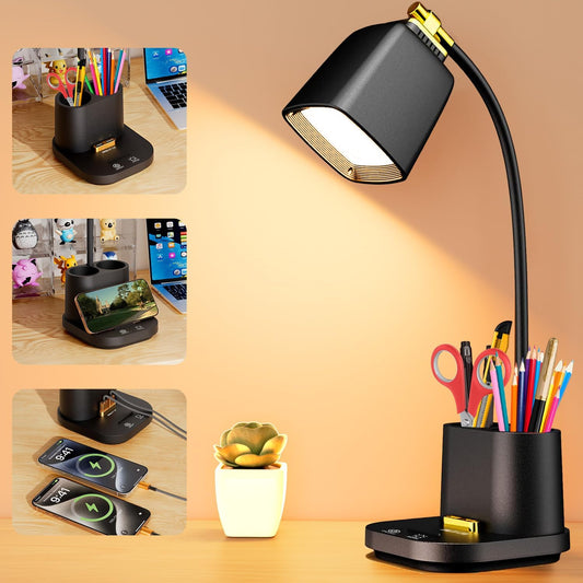 LED Desk Lamp for Dorm 2 USB Ports, Dorm Room Essentials, Small Table Lamp for Home Office, College Dorm Room Gifts, Gooseneck Desk Light with Charger Storage Box for Study, Reading, Craft, Work, Task