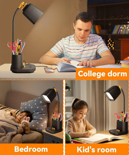 LED Desk Lamp for Dorm 2 USB Ports, Dorm Room Essentials, Small Table Lamp for Home Office, College Dorm Room Gifts, Gooseneck Desk Light with Charger Storage Box for Study, Reading, Craft, Work, Task