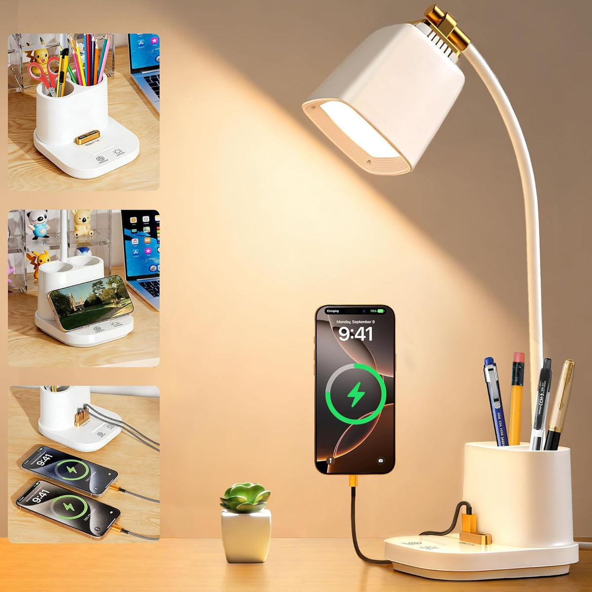 LED Desk Lamp for Dorm 2 USB Ports, Dorm Room Essentials, Small Table Lamp for Home Office, College Dorm Room Gifts, Gooseneck Desk Light with Charger Storage Box for Study, Reading, Craft, Work, Task