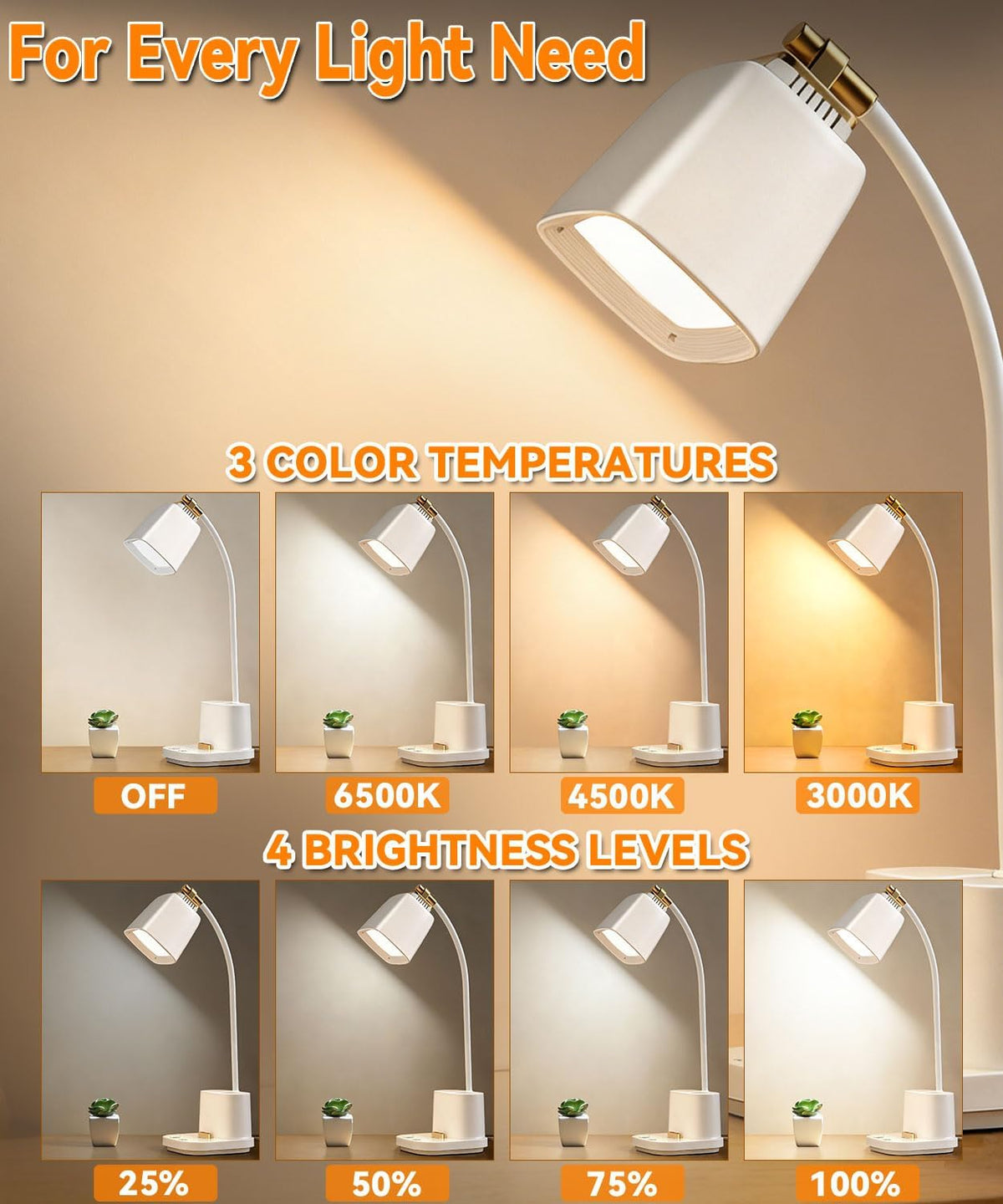 LED Desk Lamp for Dorm 2 USB Ports, Dorm Room Essentials, Small Table Lamp for Home Office, College Dorm Room Gifts, Gooseneck Desk Light with Charger Storage Box for Study, Reading, Craft, Work, Task