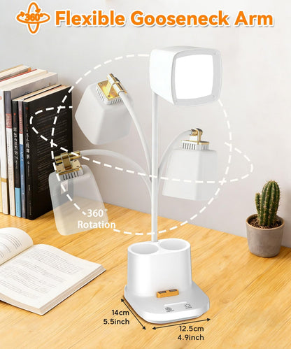 LED Desk Lamp for Dorm 2 USB Ports, Dorm Room Essentials, Small Table Lamp for Home Office, College Dorm Room Gifts, Gooseneck Desk Light with Charger Storage Box for Study, Reading, Craft, Work, Task