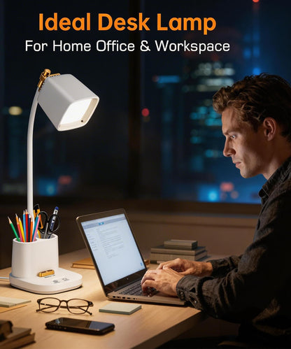 LED Desk Lamp for Dorm 2 USB Ports, Dorm Room Essentials, Small Table Lamp for Home Office, College Dorm Room Gifts, Gooseneck Desk Light with Charger Storage Box for Study, Reading, Craft, Work, Task