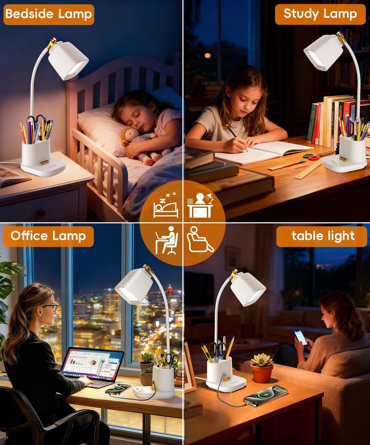LED Desk Lamp for Dorm 2 USB Ports, Dorm Room Essentials, Small Table Lamp for Home Office, College Dorm Room Gifts, Gooseneck Desk Light with Charger Storage Box for Study, Reading, Craft, Work, Task