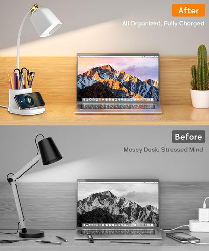 LED Desk Lamp for Dorm 2 USB Ports, Dorm Room Essentials, Small Table Lamp for Home Office, College Dorm Room Gifts, Gooseneck Desk Light with Charger Storage Box for Study, Reading, Craft, Work, Task