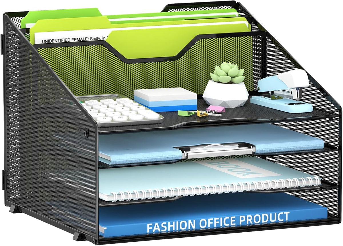 Desk File Organizer with 4 Letter Trays and 2 Vertical File Holders, Black