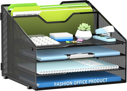 Desk File Organizer with 4 Letter Trays and 2 Vertical File Holders, Black