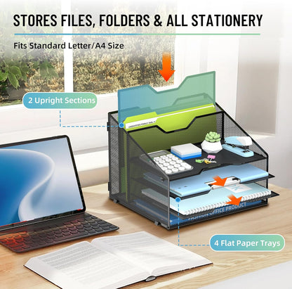 Desk File Organizer with 4 Letter Trays and 2 Vertical File Holders, Black