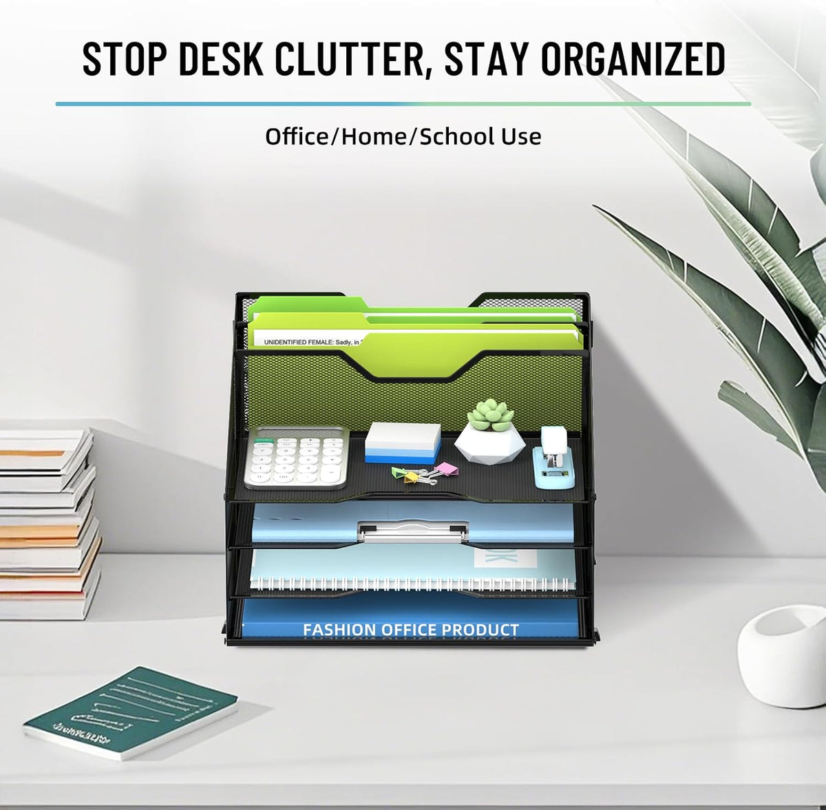 Desk File Organizer with 4 Letter Trays and 2 Vertical File Holders, Black
