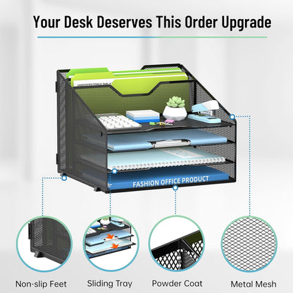 Desk File Organizer with 4 Letter Trays and 2 Vertical File Holders, Black
