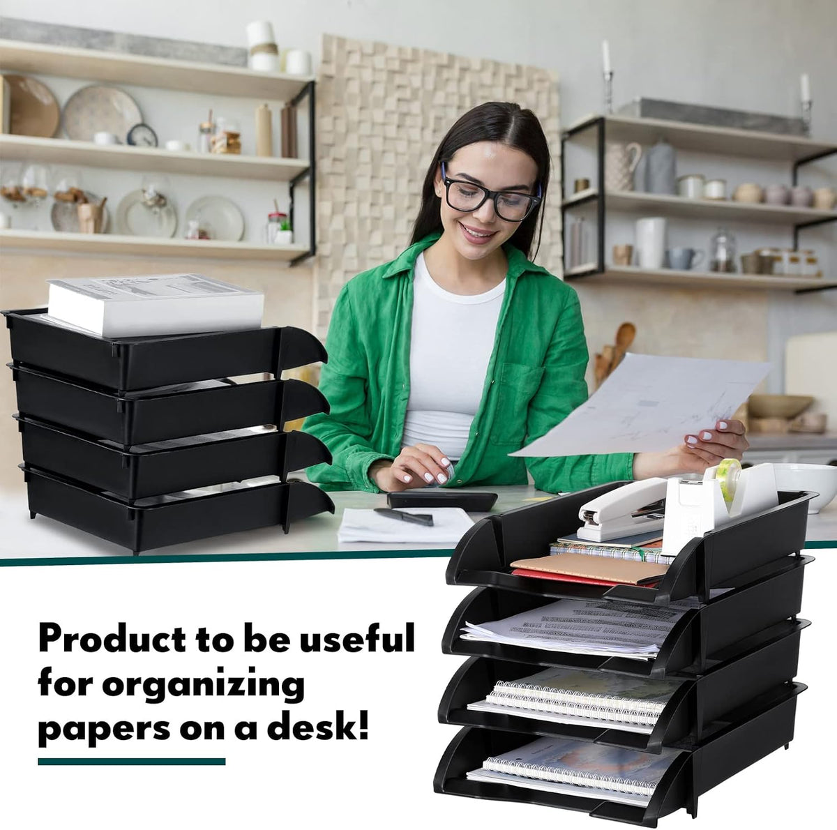 8 Pcs Stackable Paper Trays Organizer Letter Tray for Desk, Black