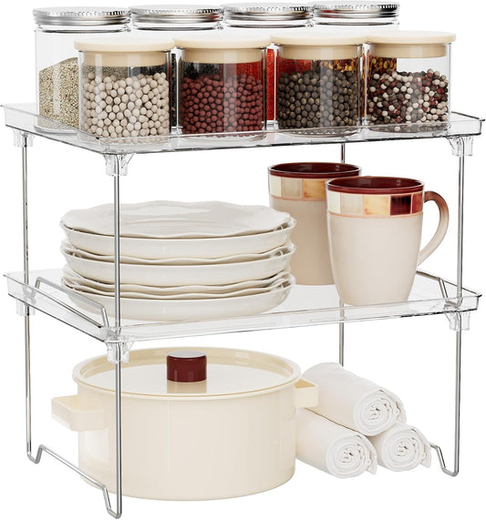 2 Pcs Cabinet Organizer Shelf, Stackable Kitchen Counter Shelves, Spice Rack,Countertop Organizers, Clear Plastic Storage Shelves Rack for Makeup,Bathroom,Cupboard,Desk,Pantry Organization
