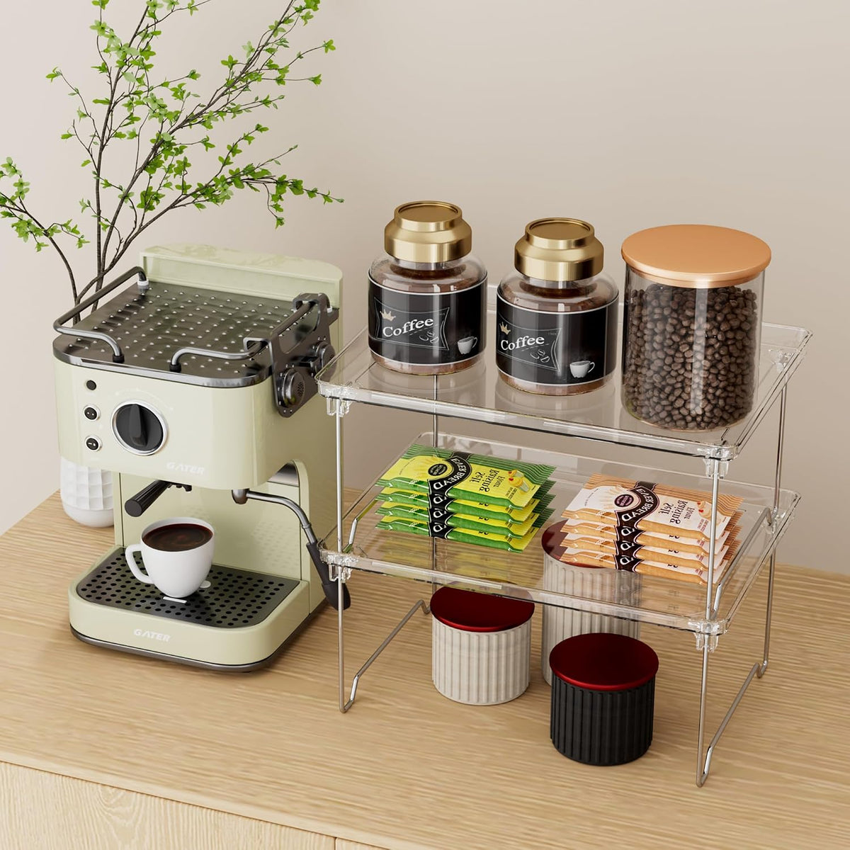 2 Pcs Cabinet Organizer Shelf, Stackable Kitchen Counter Shelves, Spice Rack,Countertop Organizers, Clear Plastic Storage Shelves Rack for Makeup,Bathroom,Cupboard,Desk,Pantry Organization