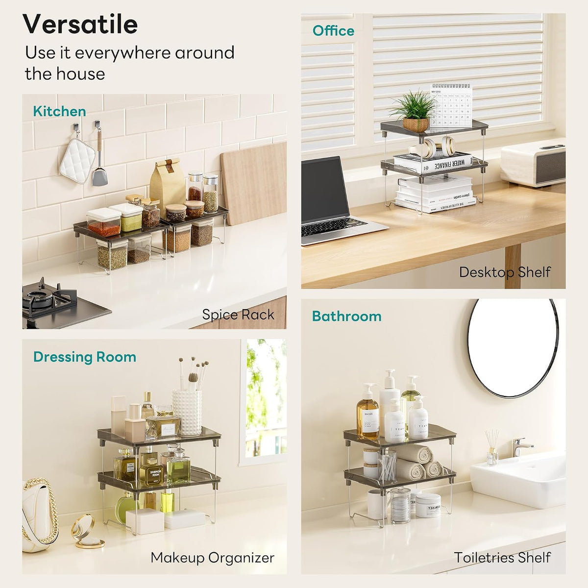2 Pcs Cabinet Organizer Shelf, Stackable Kitchen Counter Shelves, Spice Rack,Countertop Organizers, Clear Plastic Storage Shelves Rack for Makeup,Bathroom,Cupboard,Desk,Pantry Organization