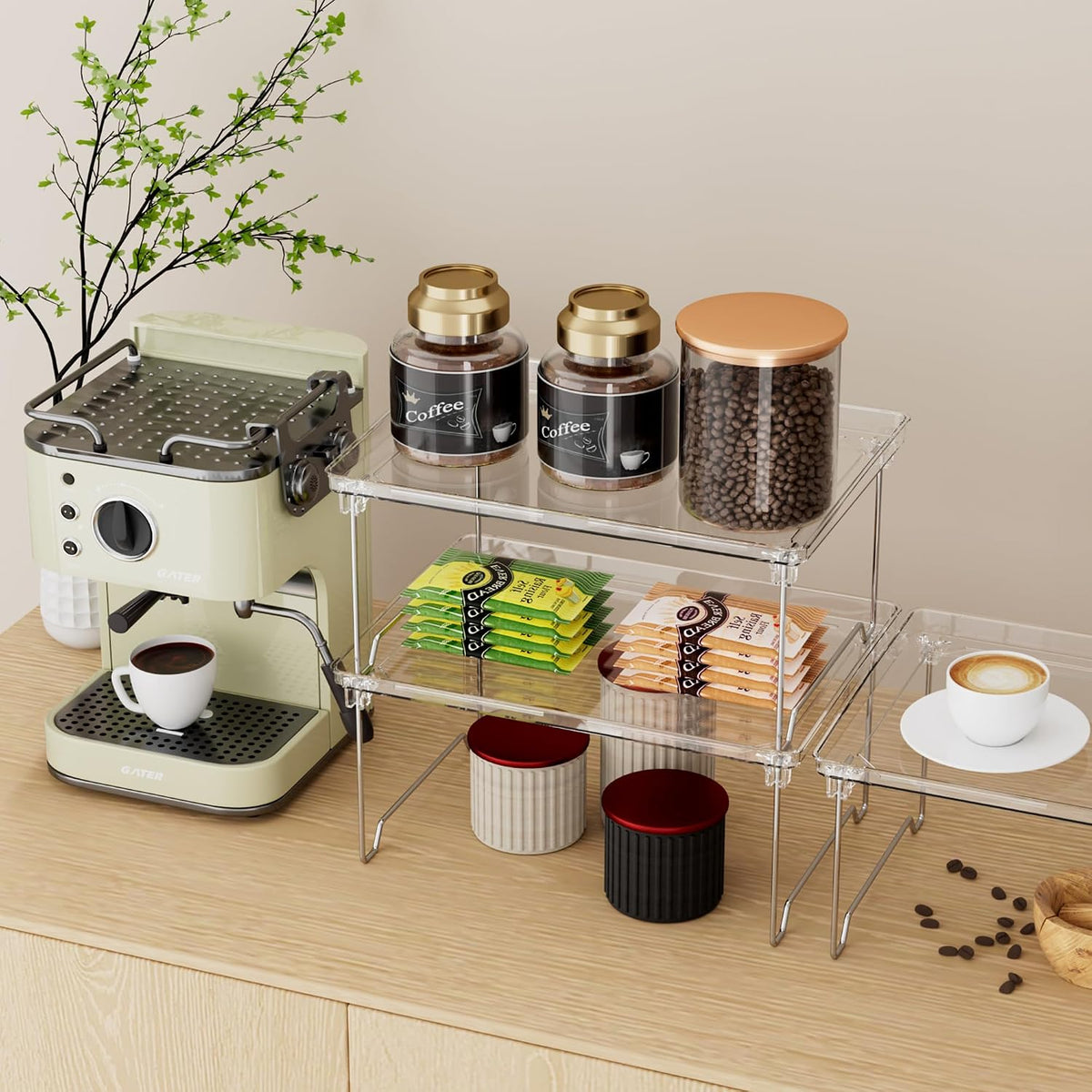 2 Pcs Cabinet Organizer Shelf, Stackable Kitchen Counter Shelves, Spice Rack,Countertop Organizers, Clear Plastic Storage Shelves Rack for Makeup,Bathroom,Cupboard,Desk,Pantry Organization