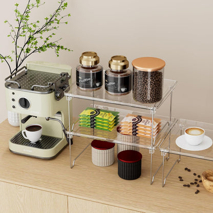 2 Pcs Cabinet Organizer Shelf, Stackable Kitchen Counter Shelves, Spice Rack,Countertop Organizers, Clear Plastic Storage Shelves Rack for Makeup,Bathroom,Cupboard,Desk,Pantry Organization
