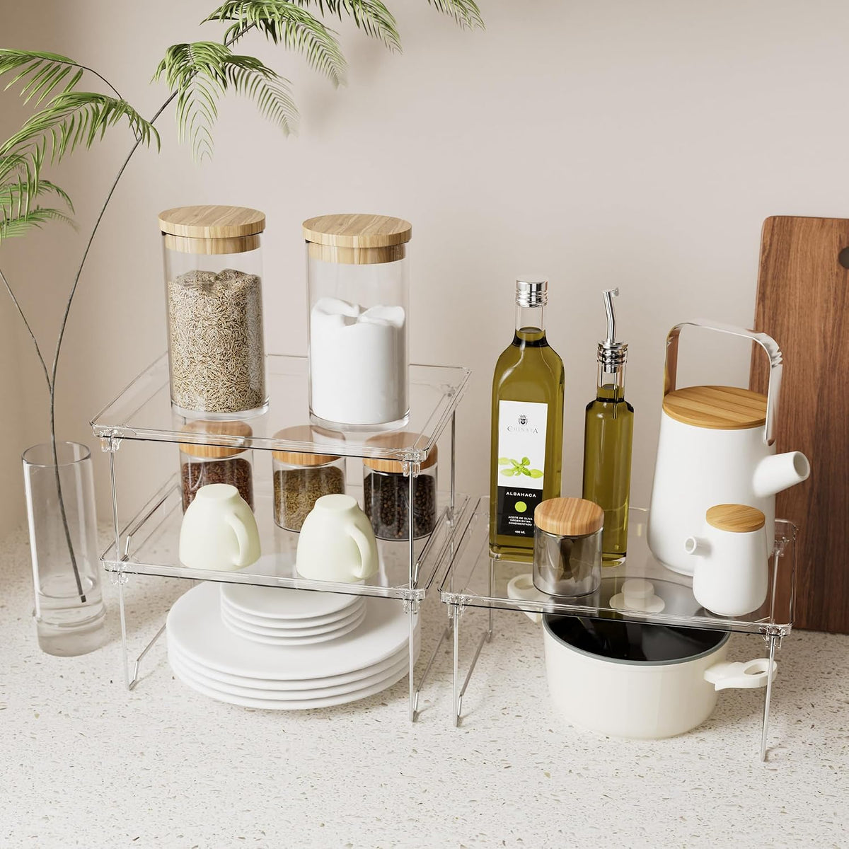 2 Pcs Cabinet Organizer Shelf, Stackable Kitchen Counter Shelves, Spice Rack,Countertop Organizers, Clear Plastic Storage Shelves Rack for Makeup,Bathroom,Cupboard,Desk,Pantry Organization