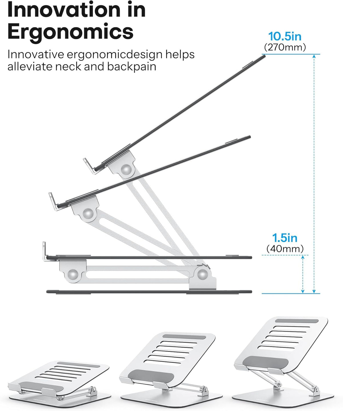 Laptop Stand, Adjustable Metal Foldable Riser 10-17.2", Silver