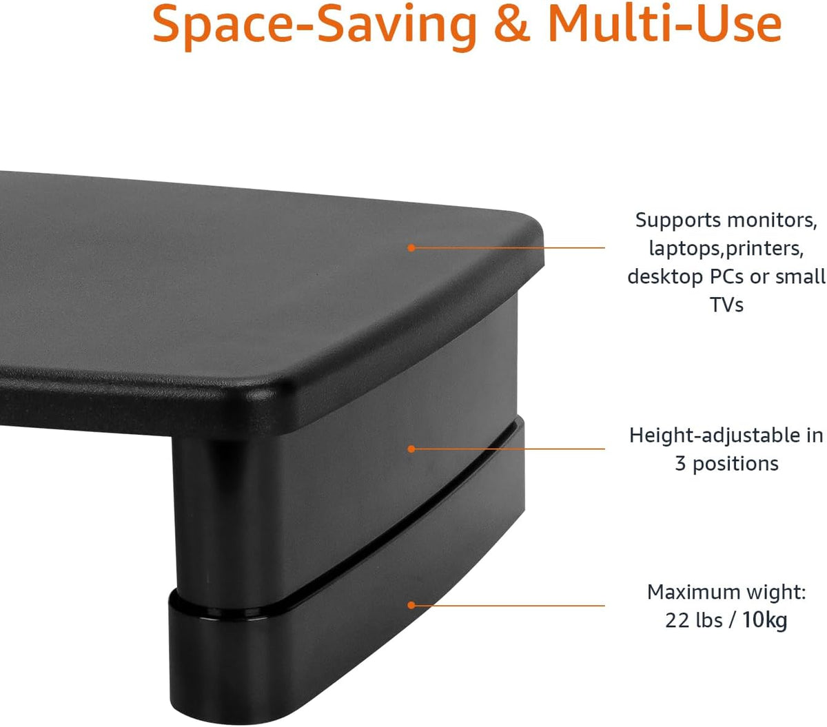Height Adjustable Monitor Stand Riser with Storage Organizer, 3-Level Stackable Design, Durable ABS Plastic, Supports up to 22lbs, for Monitors & Laptops, Black