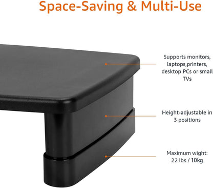 Height Adjustable Monitor Stand Riser with Storage Organizer, 3-Level Stackable Design, Durable ABS Plastic, Supports up to 22lbs, for Monitors & Laptops, Black