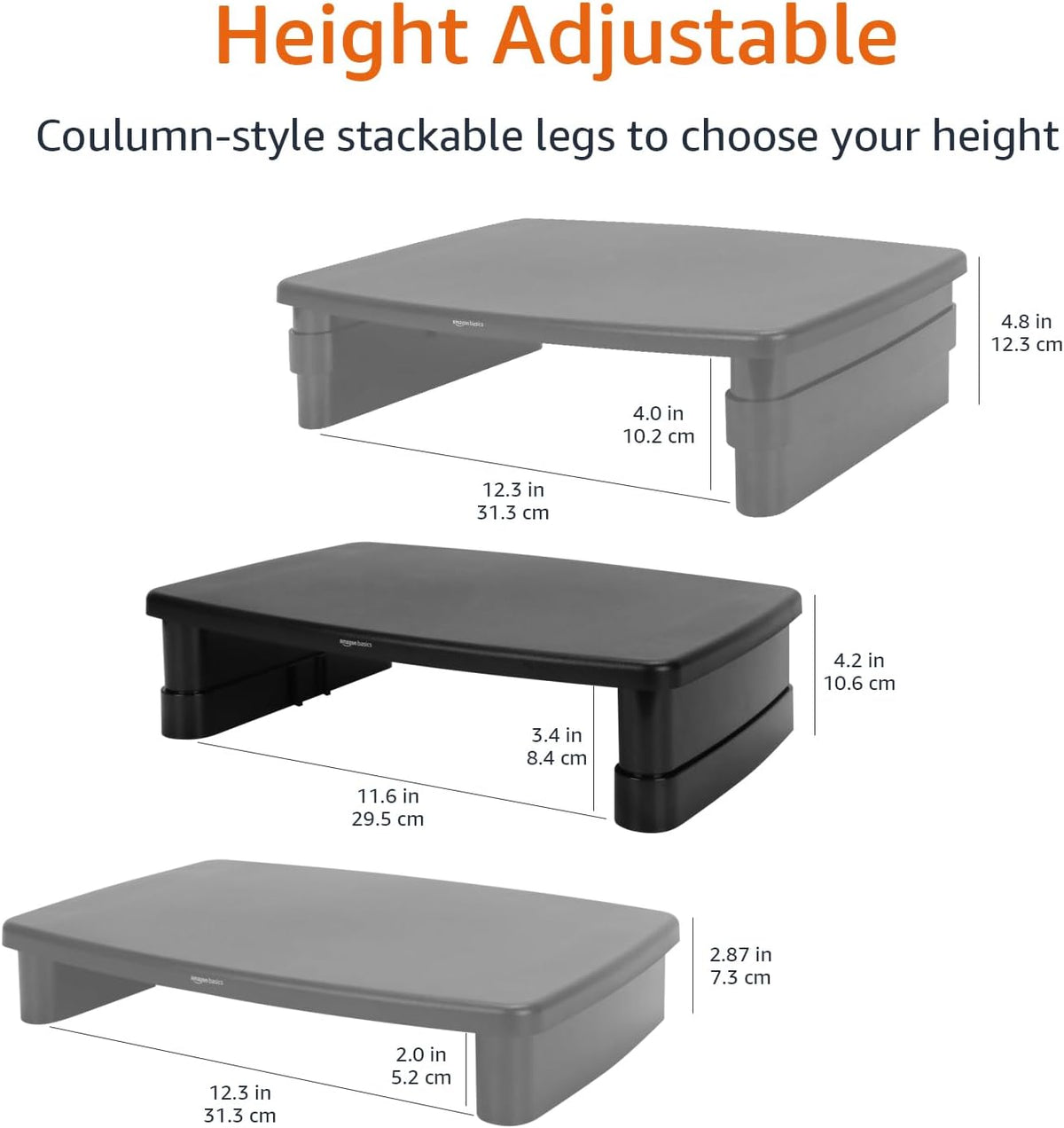 Height Adjustable Monitor Stand Riser with Storage Organizer, 3-Level Stackable Design, Durable ABS Plastic, Supports up to 22lbs, for Monitors & Laptops, Black