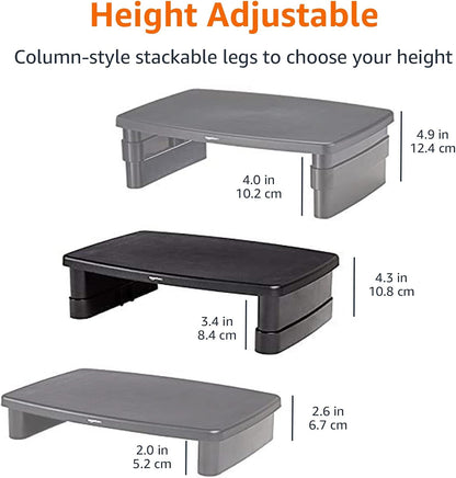 Height Adjustable Monitor Stand Riser with Storage Organizer, 3-Level Stackable Design, Durable ABS Plastic, Supports up to 22lbs, for Monitors & Laptops, Black