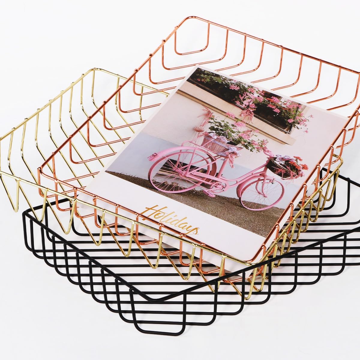 Gold Paper Basket Tray Wire Letter Tray Desktop Organizer Basket