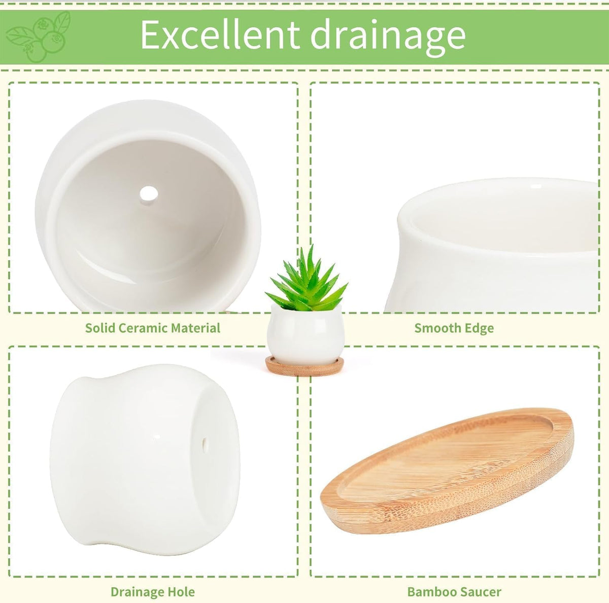 Succulent Plant Pot, White Mini 2.6 inch Ceramic Flower Planter Pot with Bamboo Tray, Pack of 8 - Plants Not Included