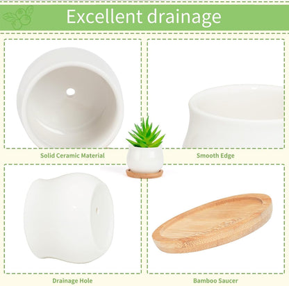 Succulent Plant Pot, White Mini 2.6 inch Ceramic Flower Planter Pot with Bamboo Tray, Pack of 8 - Plants Not Included