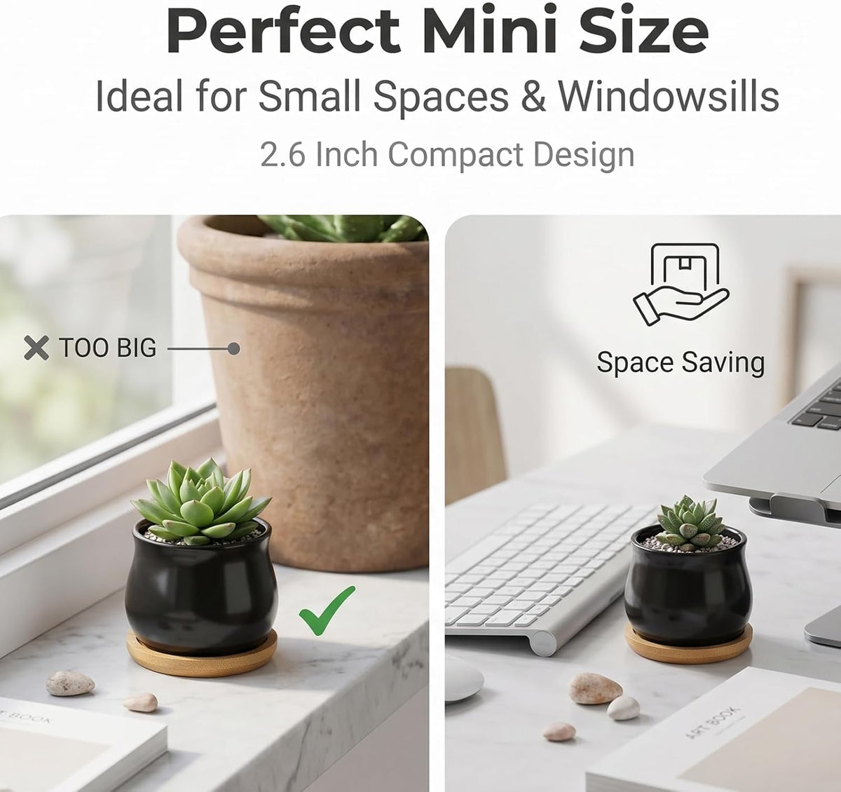 Succulent Plant Pot, White Mini 2.6 inch Ceramic Flower Planter Pot with Bamboo Tray, Pack of 8 - Plants Not Included