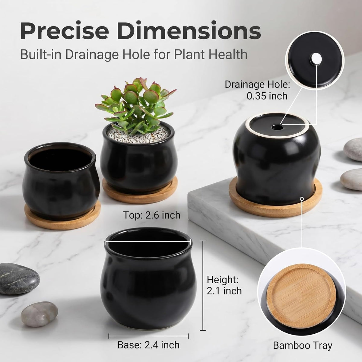 Succulent Plant Pot, White Mini 2.6 inch Ceramic Flower Planter Pot with Bamboo Tray, Pack of 8 - Plants Not Included