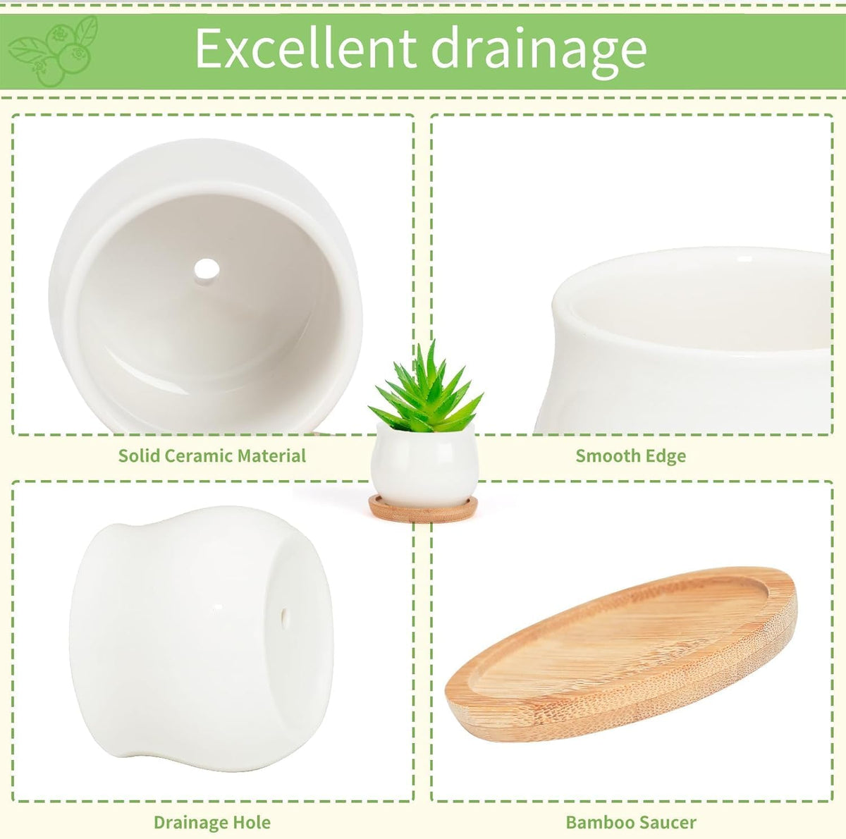 Succulent Plant Pot, White Mini 2.6 inch Ceramic Flower Planter Pot with Bamboo Tray, Pack of 8 - Plants Not Included