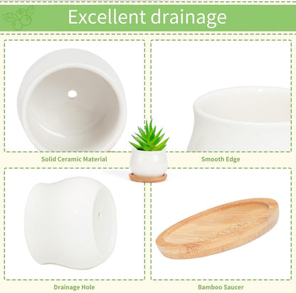Succulent Plant Pot, White Mini 2.6 inch Ceramic Flower Planter Pot with Bamboo Tray, Pack of 8 - Plants Not Included