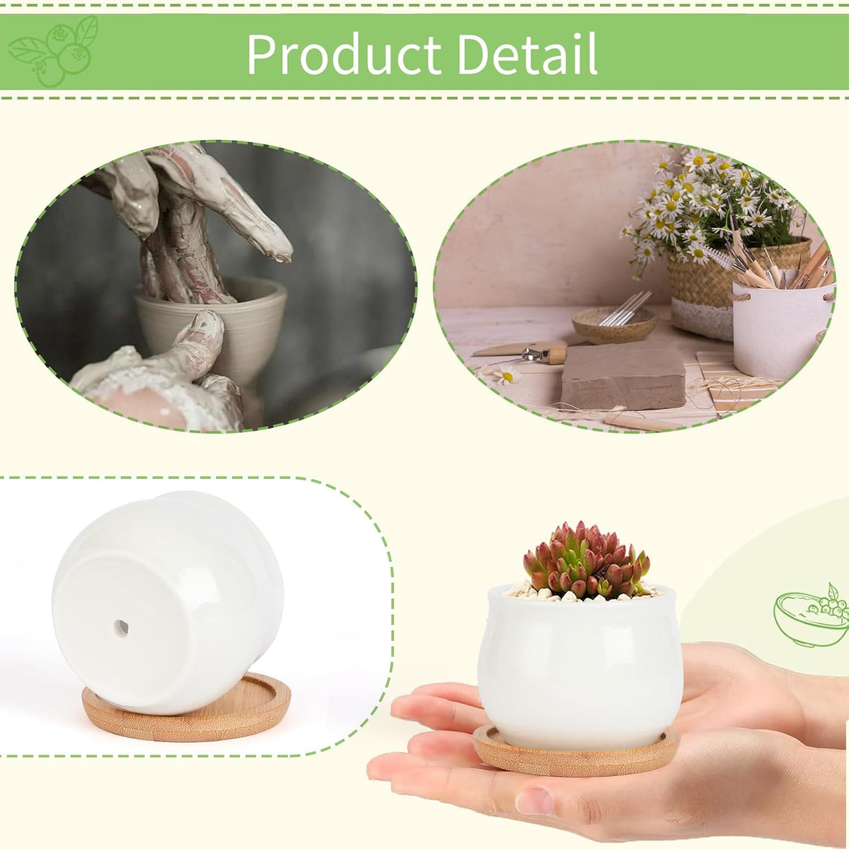Succulent Plant Pot, White Mini 2.6 inch Ceramic Flower Planter Pot with Bamboo Tray, Pack of 8 - Plants Not Included
