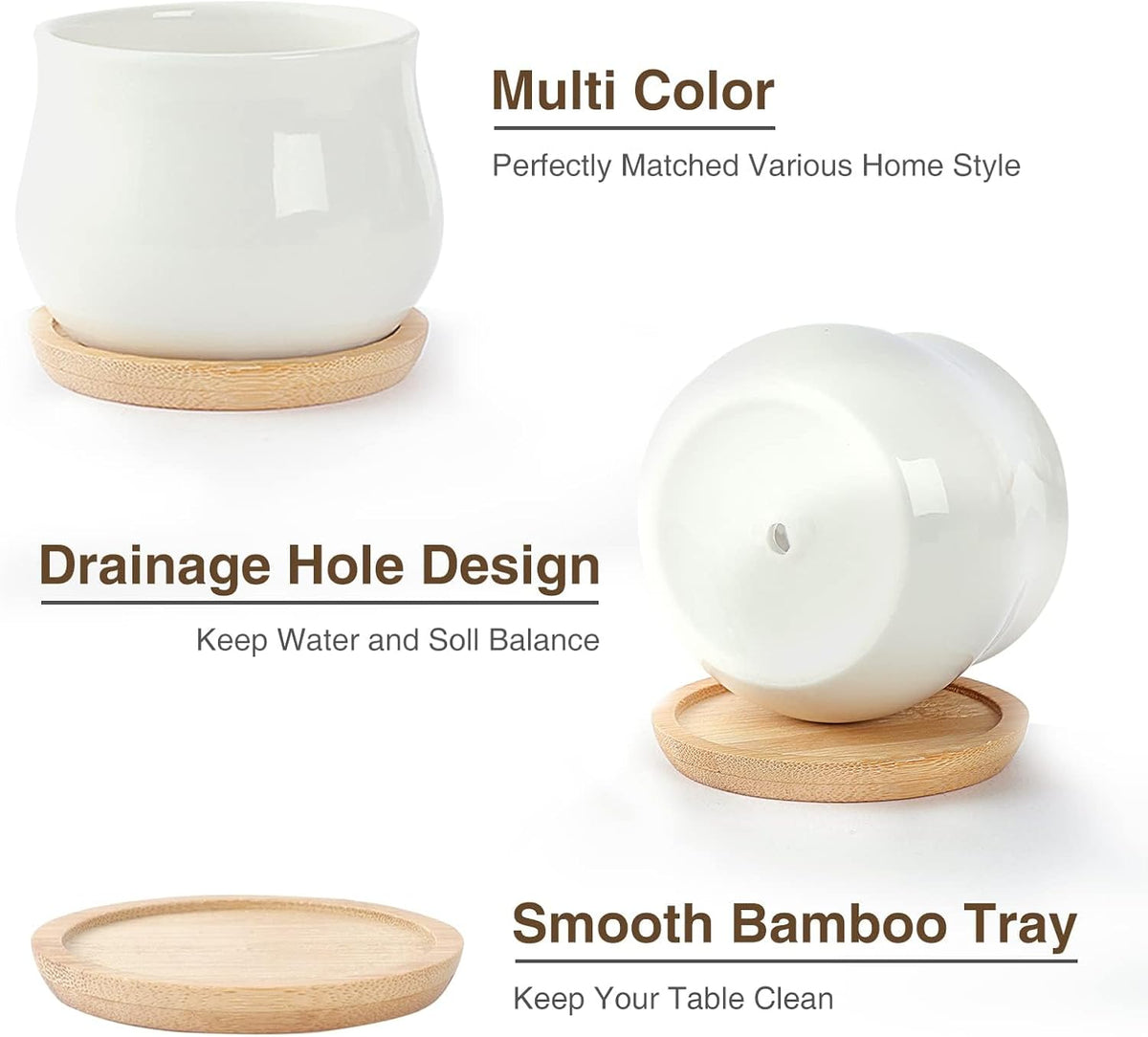 Succulent Plant Pot, White Mini 2.6 inch Ceramic Flower Planter Pot with Bamboo Tray, Pack of 8 - Plants Not Included