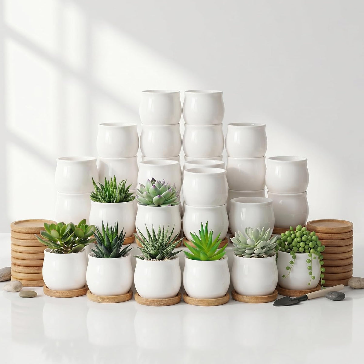 Succulent Plant Pot, White Mini 2.6 inch Ceramic Flower Planter Pot with Bamboo Tray, Pack of 8 - Plants Not Included