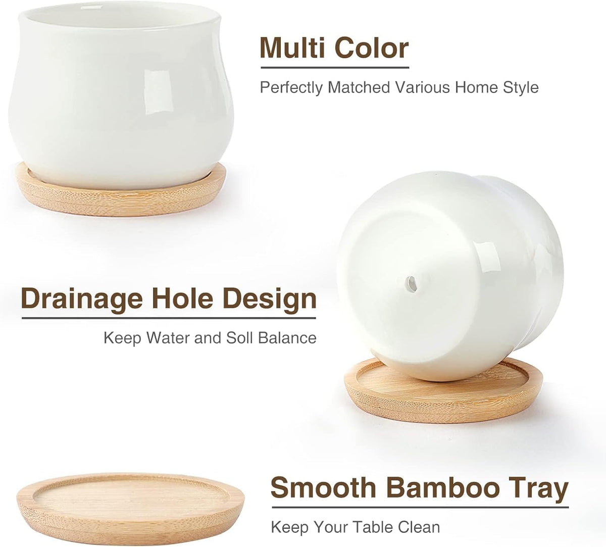 Succulent Plant Pot, White Mini 2.6 inch Ceramic Flower Planter Pot with Bamboo Tray, Pack of 8 - Plants Not Included