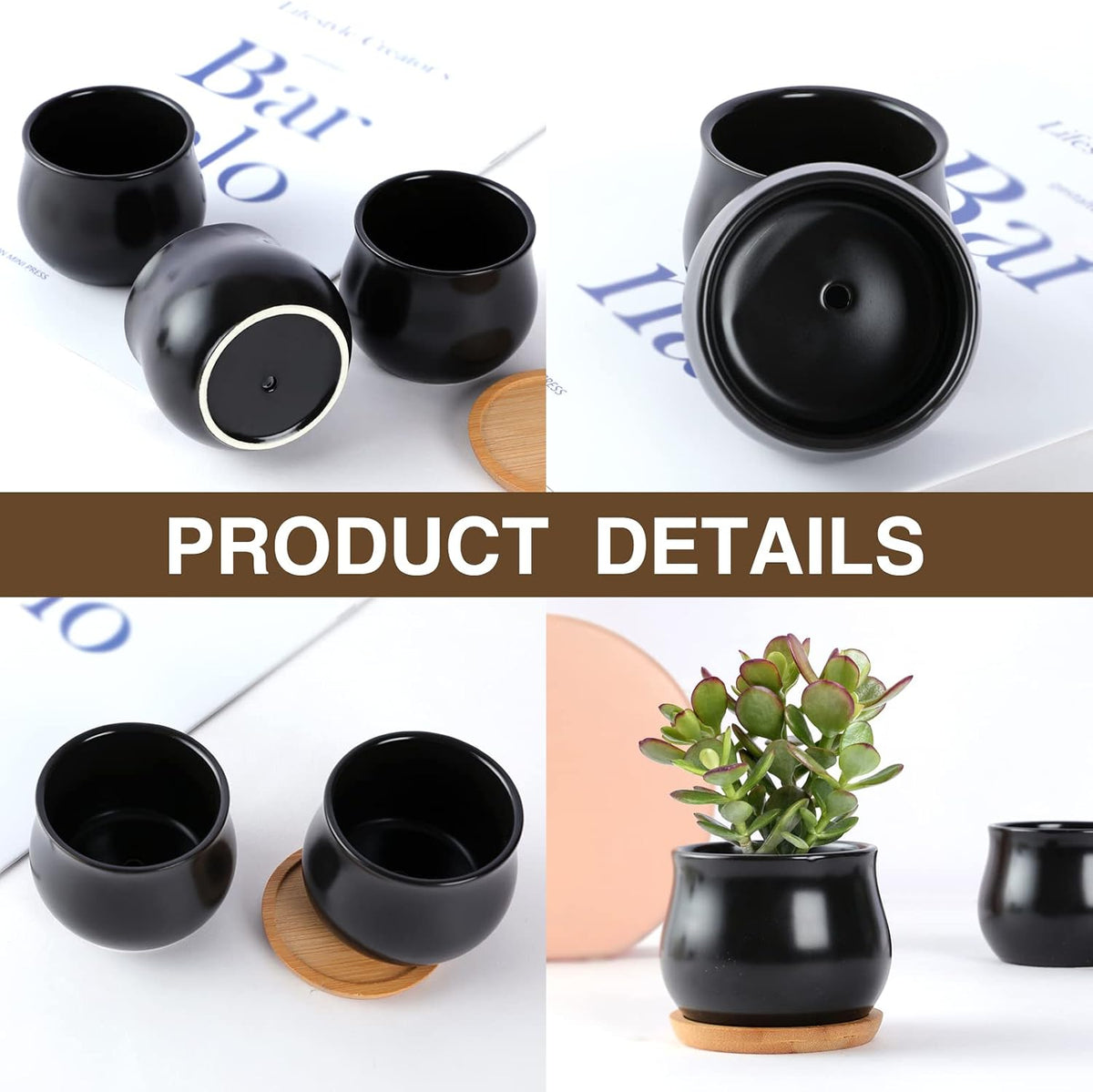 Succulent Plant Pot, White Mini 2.6 inch Ceramic Flower Planter Pot with Bamboo Tray, Pack of 8 - Plants Not Included