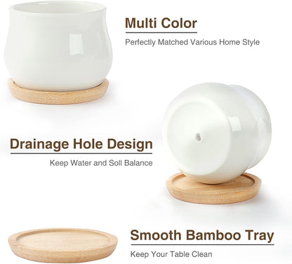 Succulent Plant Pot, White Mini 2.6 inch Ceramic Flower Planter Pot with Bamboo Tray, Pack of 8 - Plants Not Included