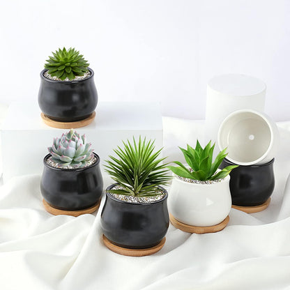 Succulent Plant Pot, White Mini 2.6 inch Ceramic Flower Planter Pot with Bamboo Tray, Pack of 8 - Plants Not Included