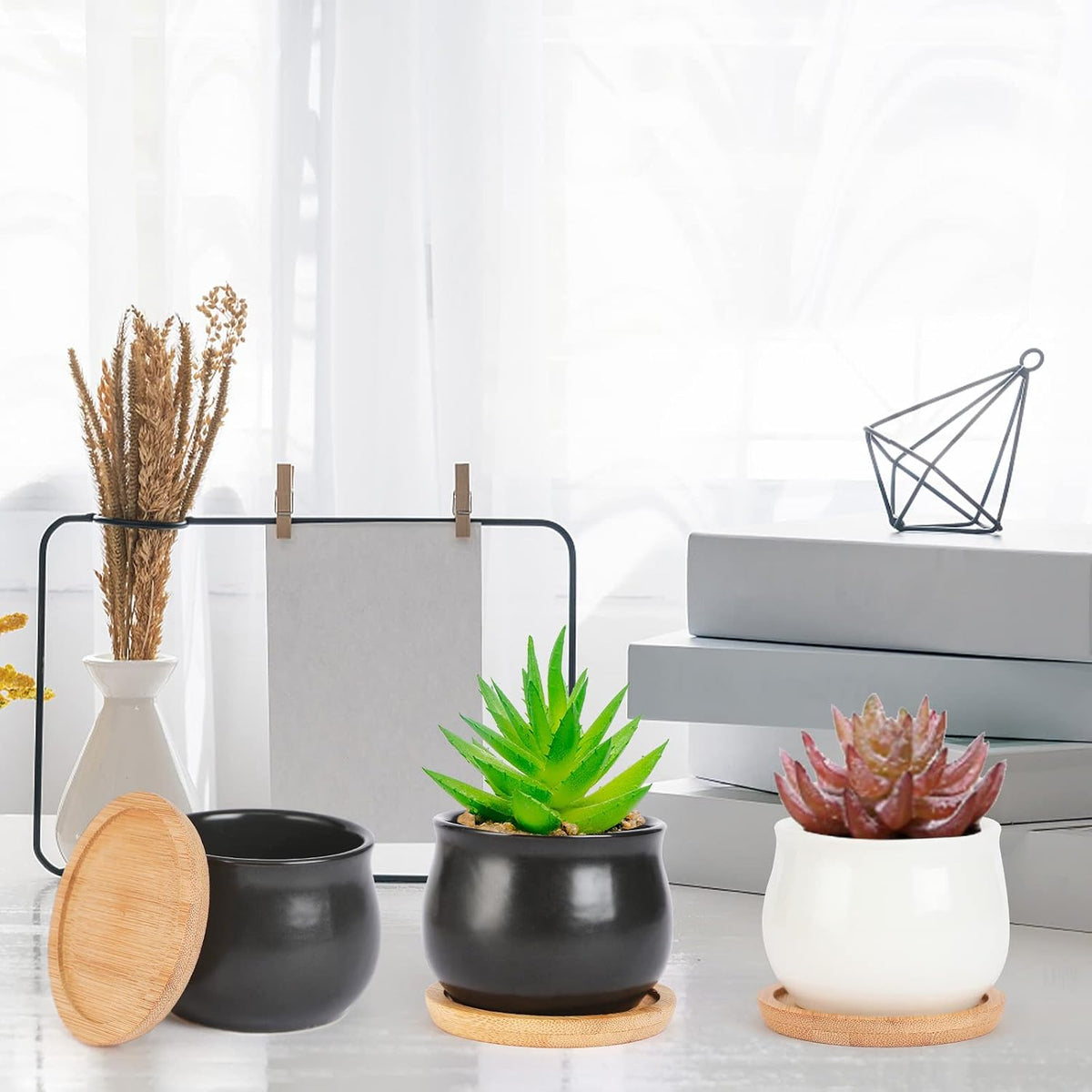 Succulent Plant Pot, White Mini 2.6 inch Ceramic Flower Planter Pot with Bamboo Tray, Pack of 8 - Plants Not Included