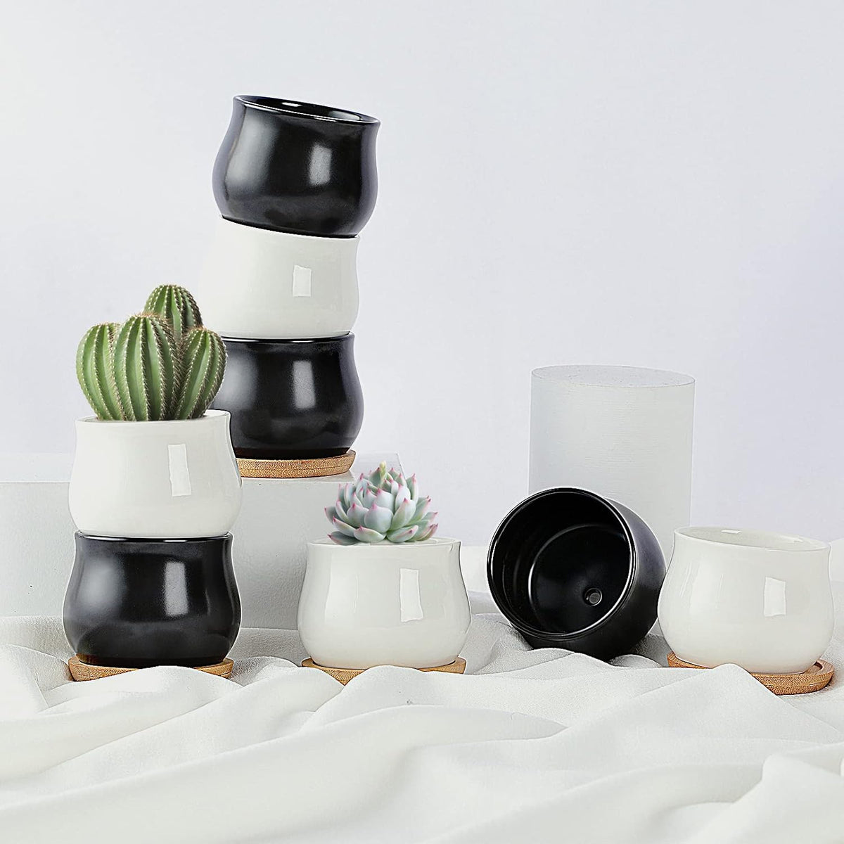 Succulent Plant Pot, White Mini 2.6 inch Ceramic Flower Planter Pot with Bamboo Tray, Pack of 8 - Plants Not Included