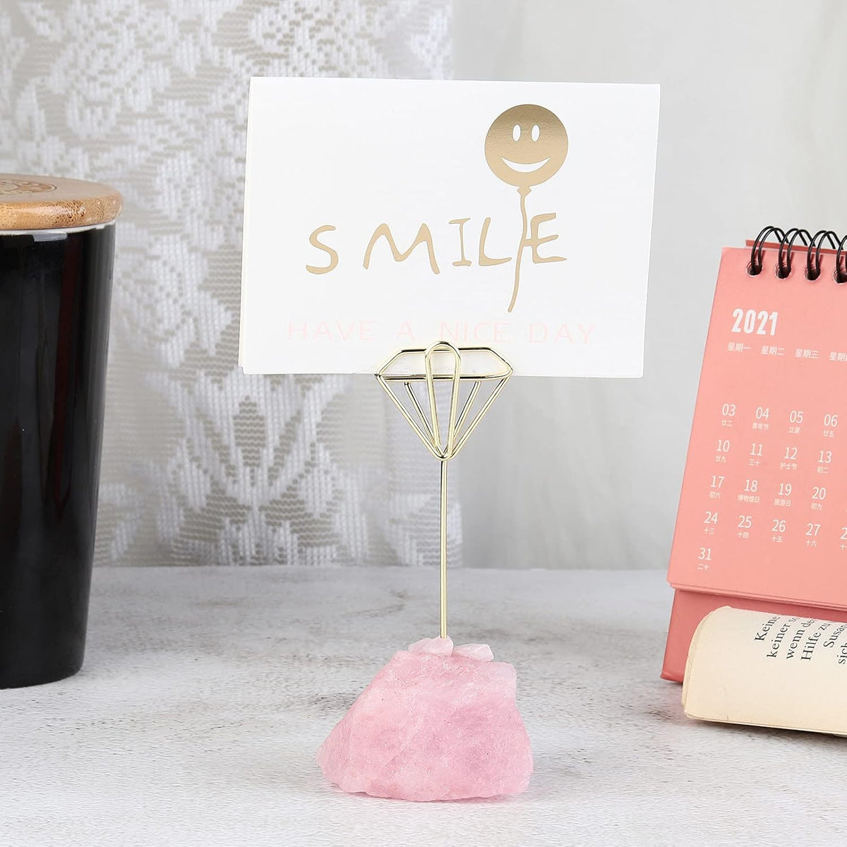 Natural Rose Quartz Raw Crystal Card Holder Photo Clip Stand