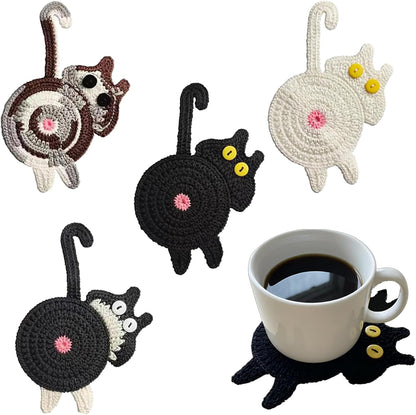 Cat Coaster Funny Gifts, 4Pcs Woven Creative Cute Coaster, Lover Gifts Cat Coffee Coaster for Desk Protection, Insulation Coaster Design Home Decor Tabletop