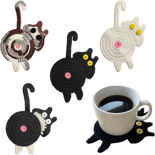 Cat Coaster Funny Gifts, 4Pcs Woven Creative Cute Coaster, Lover Gifts Cat Coffee Coaster for Desk Protection, Insulation Coaster Design Home Decor Tabletop