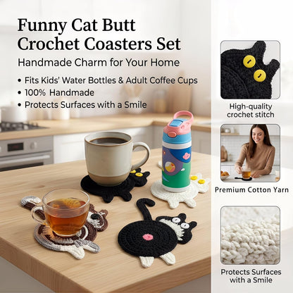 Cat Coaster Funny Gifts, 4Pcs Woven Creative Cute Coaster, Lover Gifts Cat Coffee Coaster for Desk Protection, Insulation Coaster Design Home Decor Tabletop