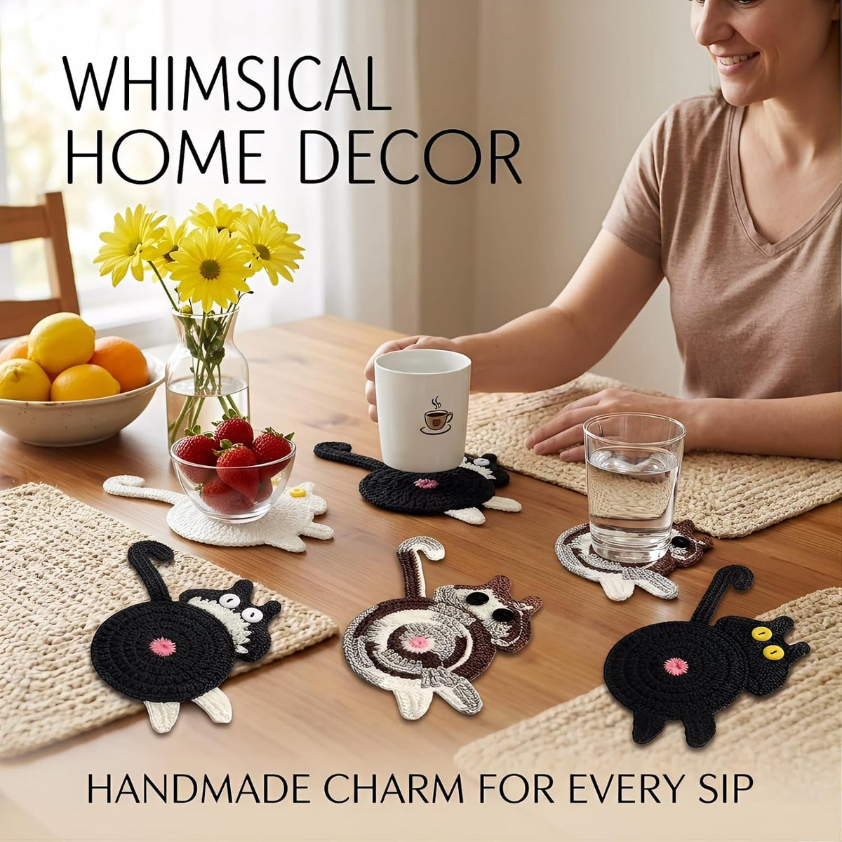 Cat Coaster Funny Gifts, 4Pcs Woven Creative Cute Coaster, Lover Gifts Cat Coffee Coaster for Desk Protection, Insulation Coaster Design Home Decor Tabletop