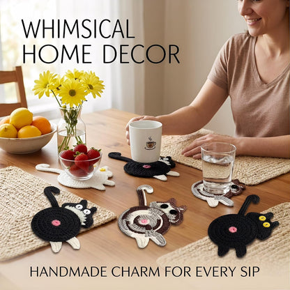 Cat Coaster Funny Gifts, 4Pcs Woven Creative Cute Coaster, Lover Gifts Cat Coffee Coaster for Desk Protection, Insulation Coaster Design Home Decor Tabletop