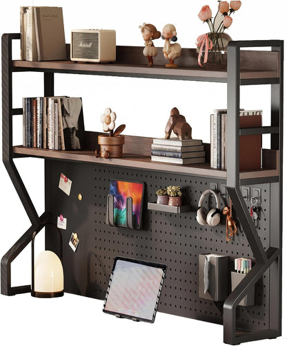 29.5 * 37.5 inch Double-Layer Desktop Storage Rack with DIY pegboard, Open Desktop Storage Rack, Multifunctional Office Supplies Storage Rack, Suitable for Home, Office, and Dormitory, etc.